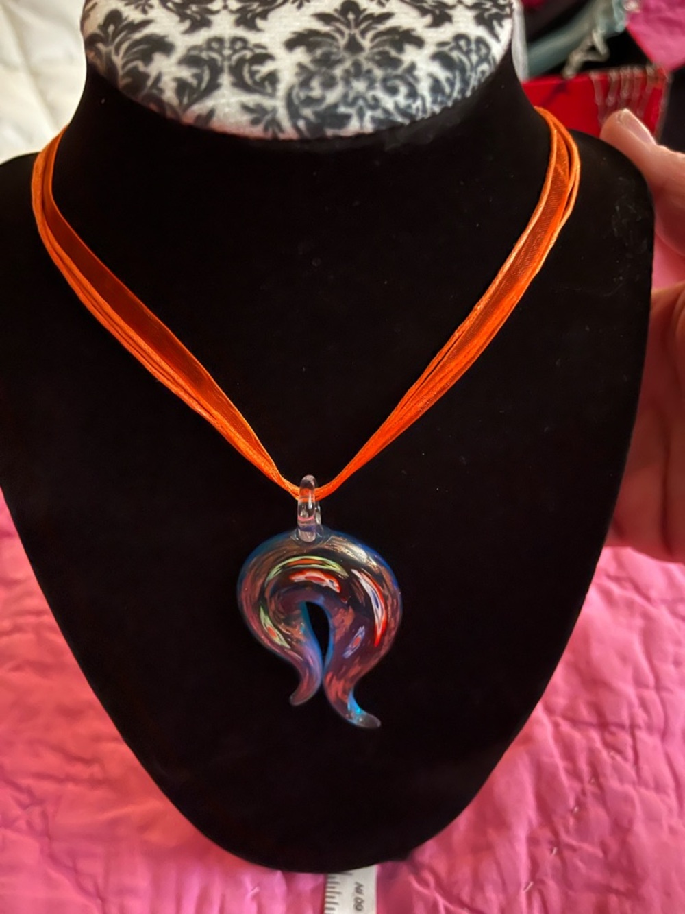 Murano Multicolor Swirl Glass Pendant on Orange Cord